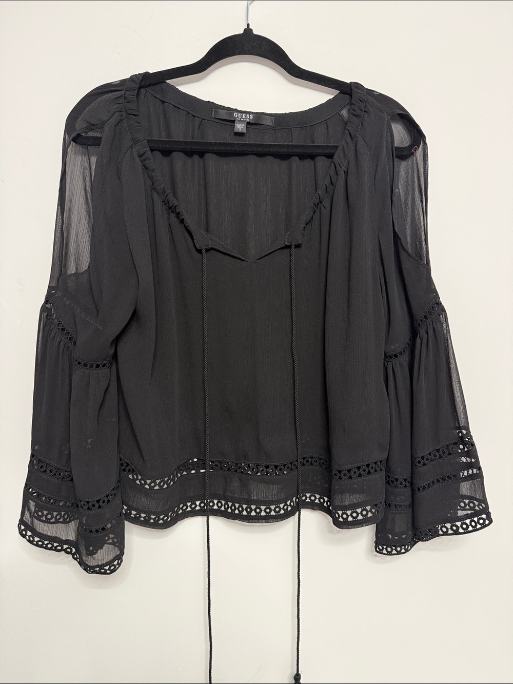 GUESS Black Sheer Cold-Shoulder Tie-Front Blouse with Eyelet Trim
